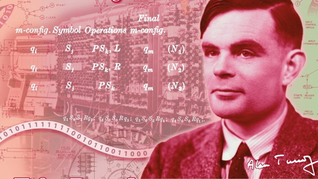 Composición de Alan Turing en primer plano, con la máquina enigma en segundo plano.
