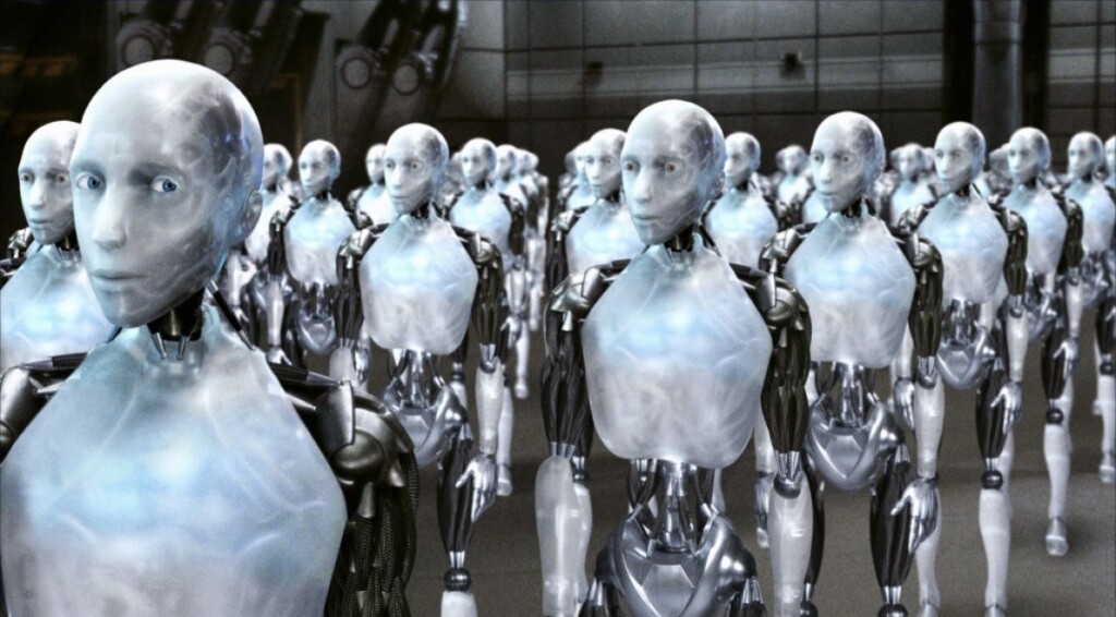 Un fotograma de la película Yo, Robot, donde se aprecian cientos de robots en formación militar.