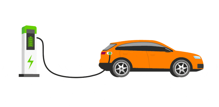 Una animación con un coche eléctrico naranja cargándose por medio de un cable desde un poste de cargar blanco y verde con el símbolo de una batería.