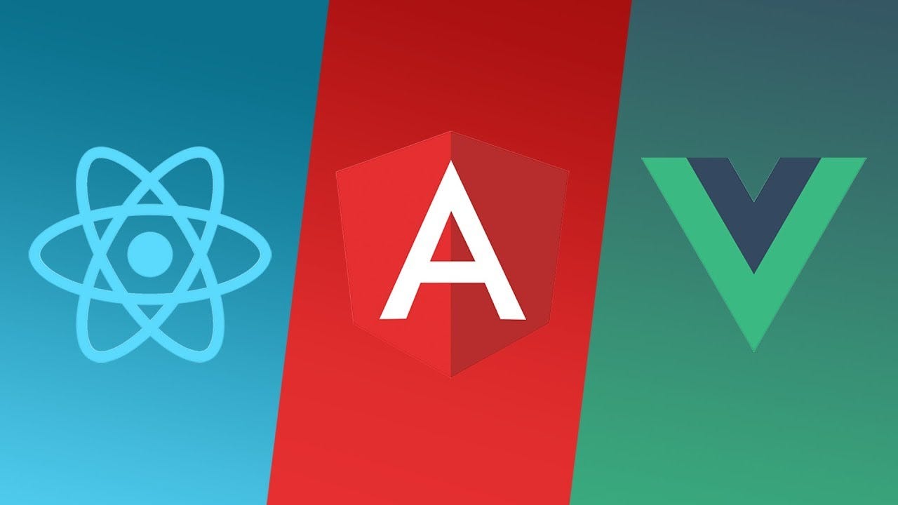 Logotipos de los tres frameworks JavaScript más usados: React, Angular, Vue y Node